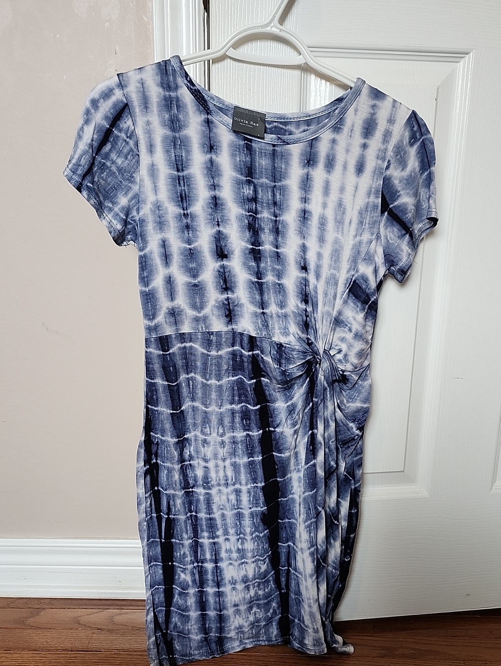 Olivia Rae Navy and White Tie-Dye Knot Side Tunic Dress With Short Sleeves - Picture 1 of 13